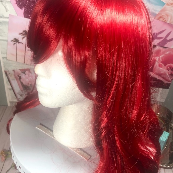 25” Dark Red Wine Long Heat Resistant Fiber Wig with Bangs - Picture 3 of 16
